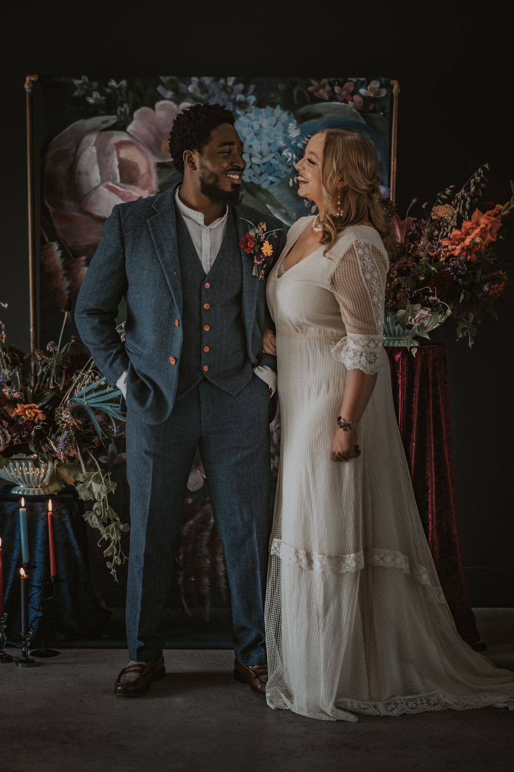 Art Wedding Ideas Tom Halliday Photography Backdrop Floral Painted Flowers Opulent Dramatic Navy Burgundy