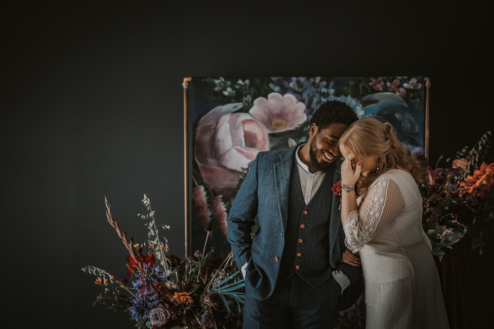 Art Wedding Ideas Tom Halliday Photography Backdrop Floral Painted Flowers Opulent Dramatic Navy Burgundy