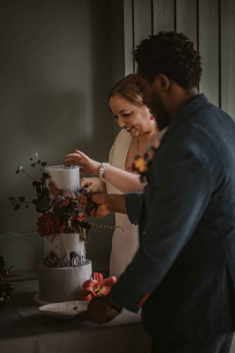 Tall Cake Painted Flowers Texture Grey Art Wedding Ideas Tom Halliday Photography