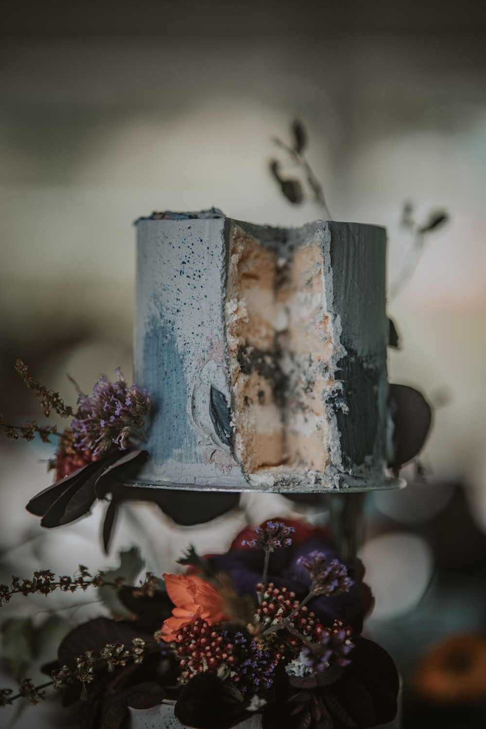 Tall Cake Painted Flowers Texture Grey Art Wedding Ideas Tom Halliday Photography