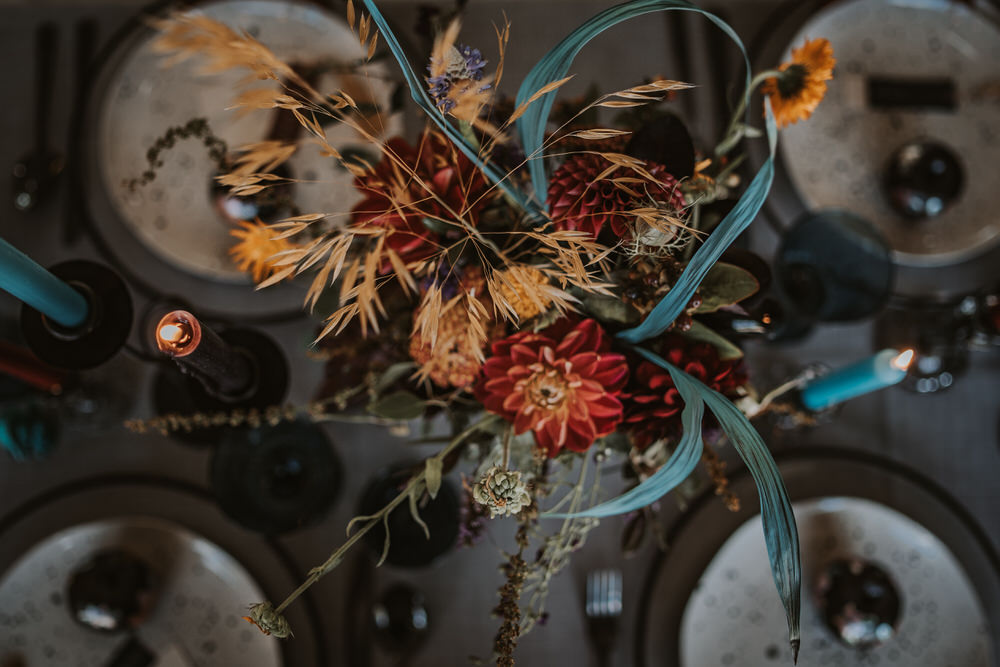 Flowers Centrepiece Decor Table Candles Jewel Tones Burgundy Blue Orange Art Wedding Ideas Tom Halliday Photography