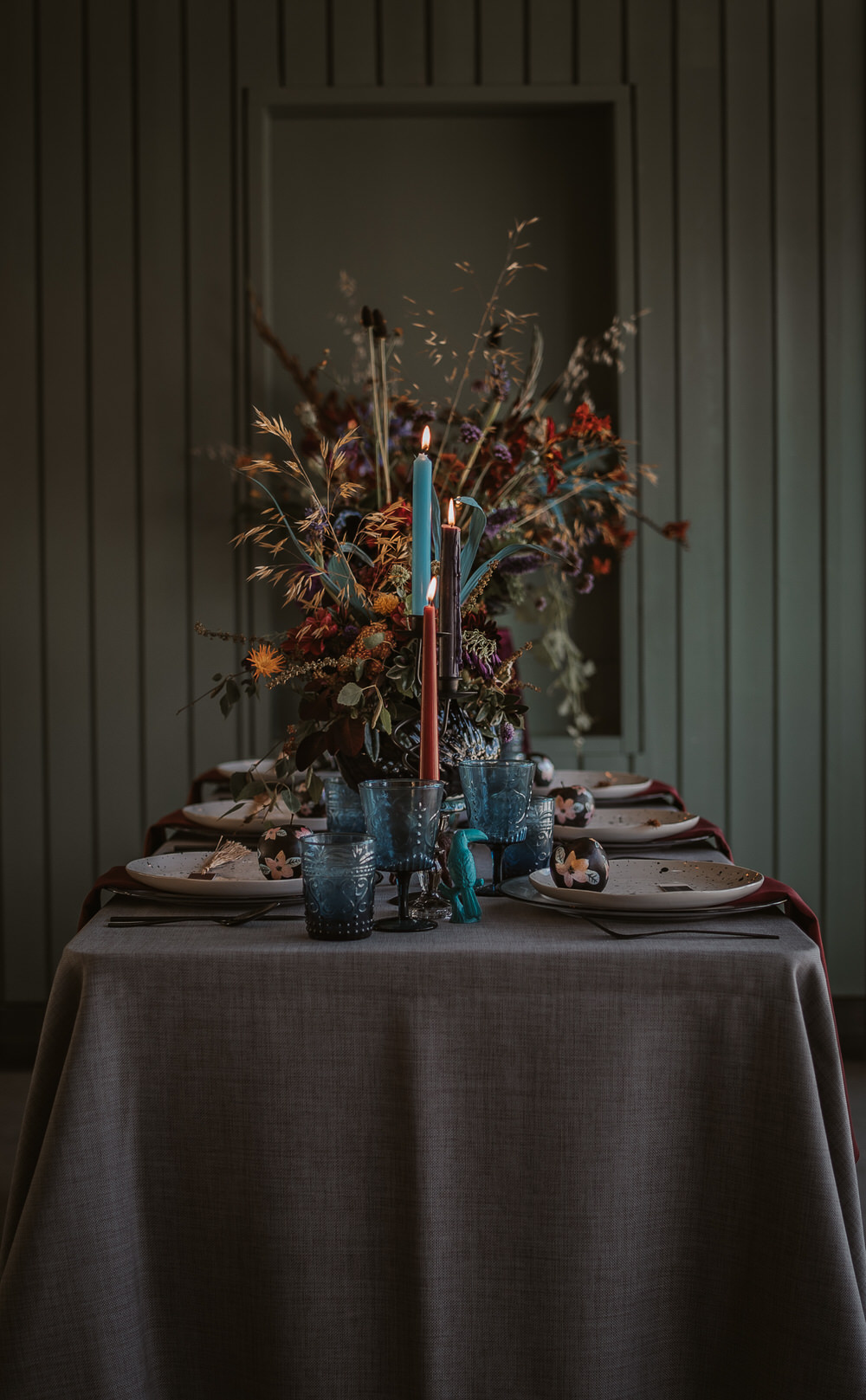 Flowers Centrepiece Decor Table Candles Jewel Tones Burgundy Blue Orange Art Wedding Ideas Tom Halliday Photography