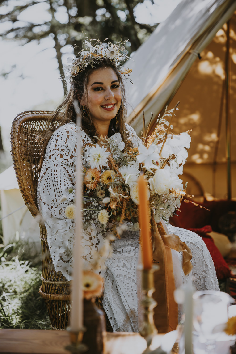 Bride Bridal Dress Gown Boho Lace Sleeves Poppy Perspective Bell Tent Wedding Ideas Gem Hicks Photography
