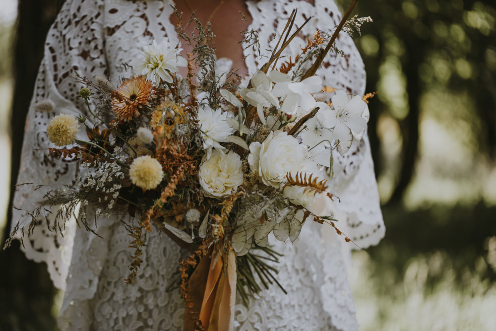 Bouquet Flowers Bride Bridal Rose Seed Head Orange Ribbons Bell Tent Wedding Ideas Gem Hicks Photography