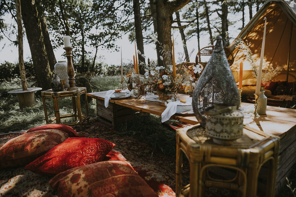 Table Tablescape Decor Macrame Candles Terrarium Flowers Bell Tent Wedding Ideas Gem Hicks Photography