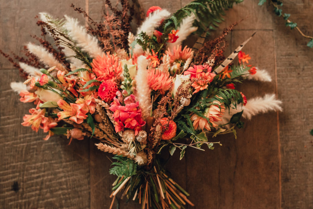 Boho Wedding Ideas Roshni Photography Dried Flowers Bouquet Bride Bridal Grass Wheat Dahlia Orange