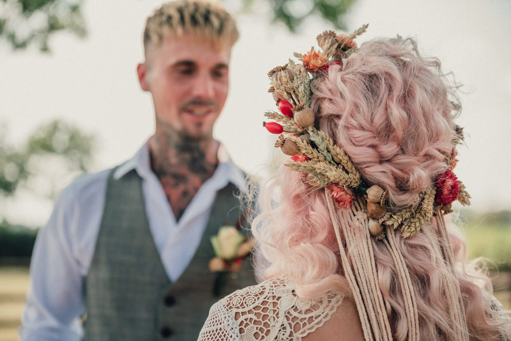 Bride Bridal Flower Crown Plait Braid Pink Boho Wedding Ideas Roshni Photography