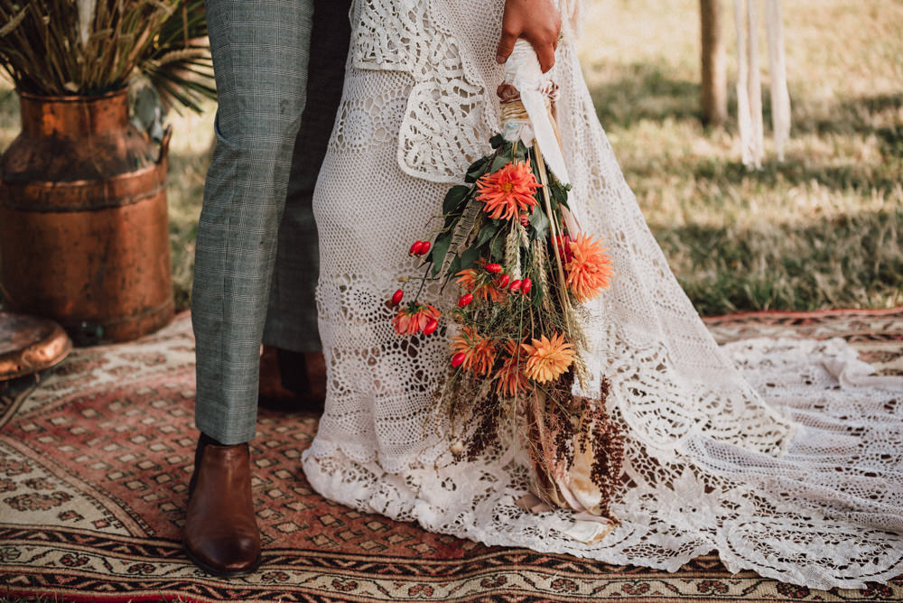 Dried Flowers Bouquet Bride Bridal Grass Wheat Dahlia Orange Boho Wedding Ideas Roshni Photography