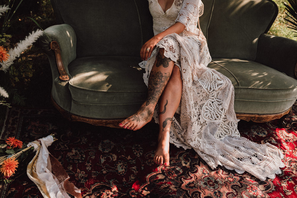 Dress Gown Bride Bridal Lace Tassel Fringe Train Open Back Boho Wedding Ideas Roshni Photography