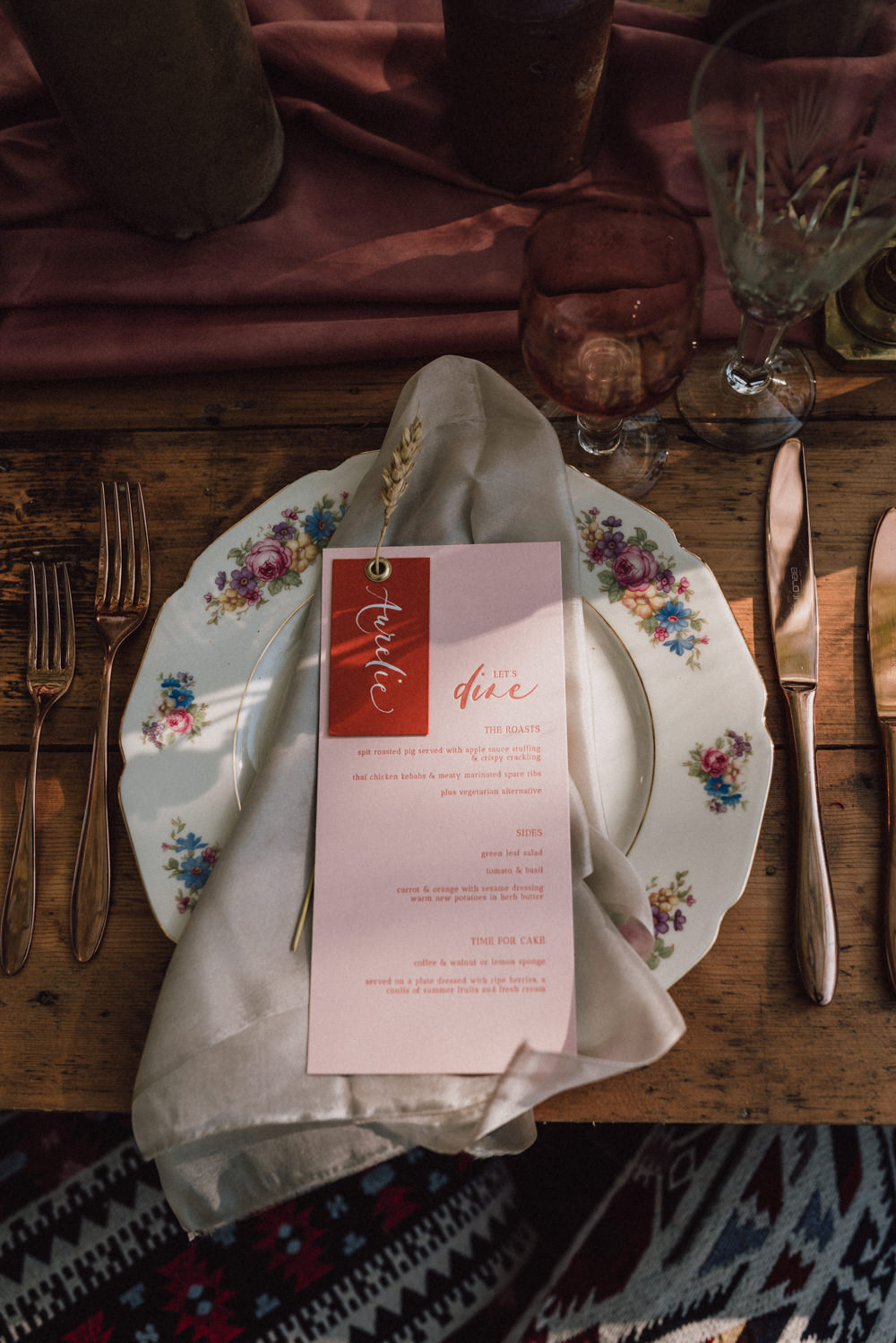 Place Setting Decor Floral Plate Menu Staionery Boho Wedding Ideas Roshni Photography