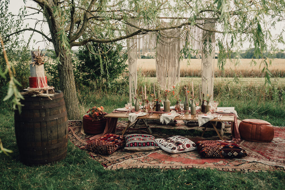 Table Tablescape Decor Macrame Backdrop Rug Outdoor Cushions Decor Flowers Bottles Boho Wedding Ideas Roshni Photography
