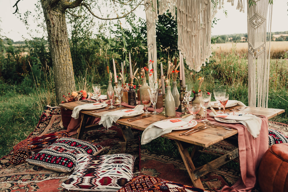 Table Tablescape Decor Macrame Backdrop Rug Outdoor Cushions Decor Flowers Bottles Boho Wedding Ideas Roshni Photography