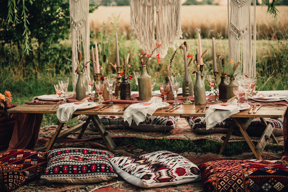Table Tablescape Decor Macrame Backdrop Rug Outdoor Cushions Decor Flowers Bottles Boho Wedding Ideas Roshni Photography