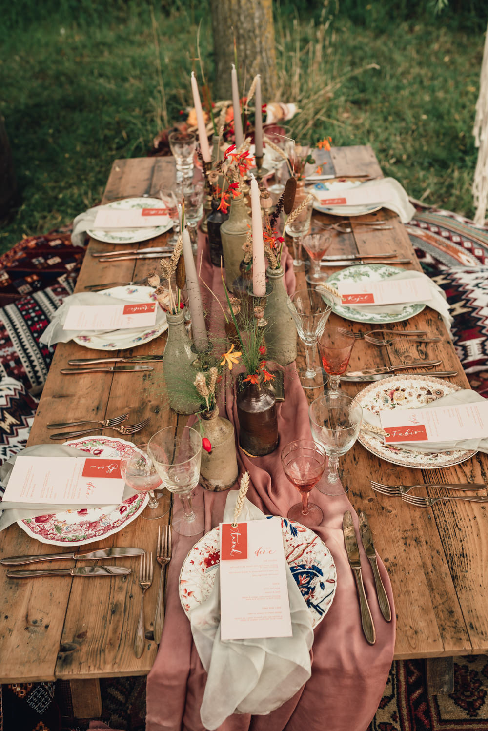 Table Tablescape Decor Macrame Backdrop Rug Outdoor Cushions Decor Flowers Bottles Boho Wedding Ideas Roshni Photography