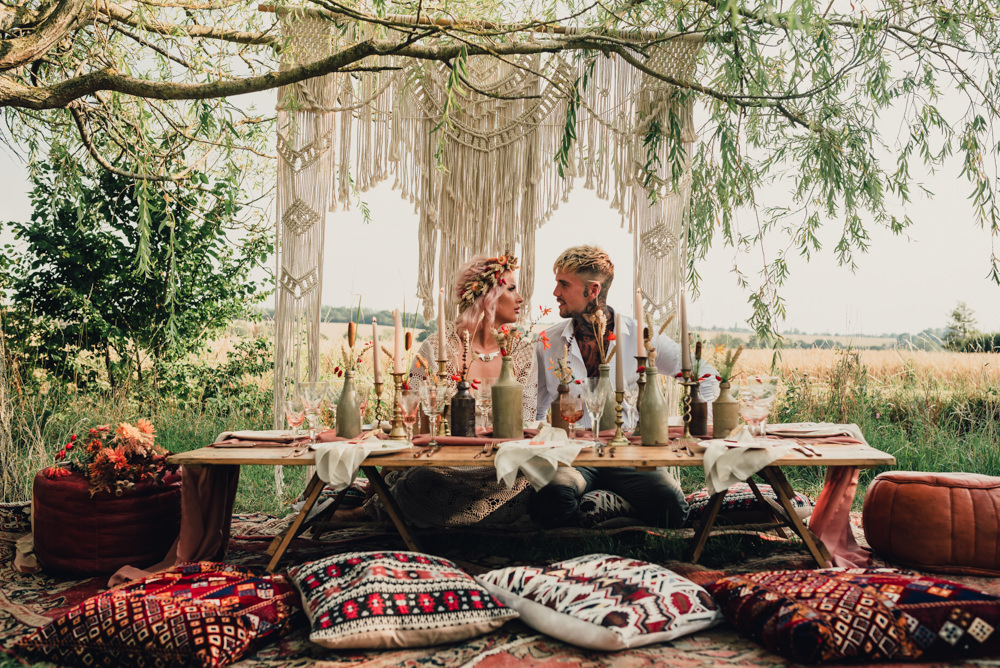 Table Tablescape Decor Macrame Backdrop Rug Outdoor Cushions Decor Flowers Bottles Boho Wedding Ideas Roshni Photography