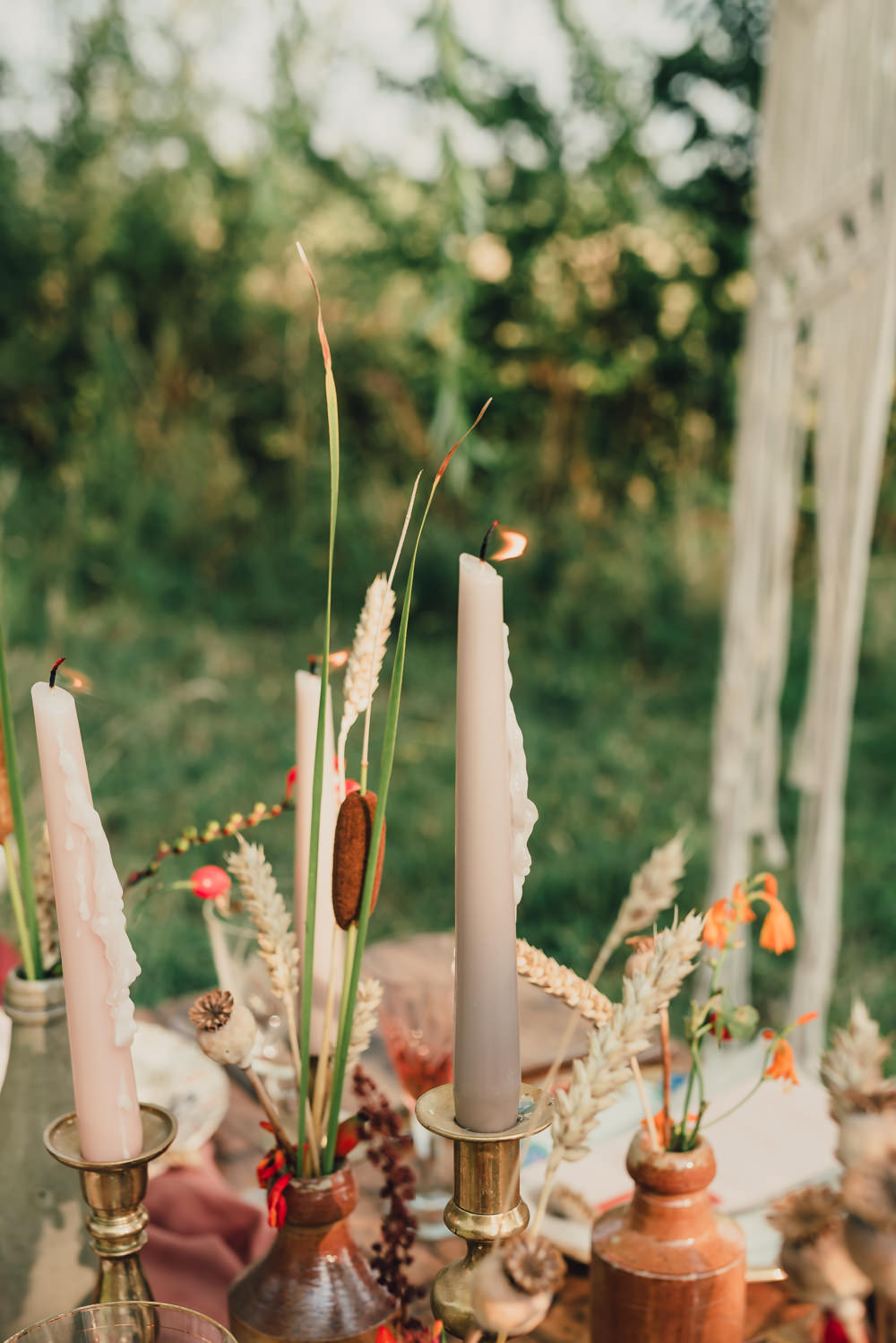Table Tablescape Decor Macrame Backdrop Rug Outdoor Cushions Decor Flowers Bottles Boho Wedding Ideas Roshni Photography