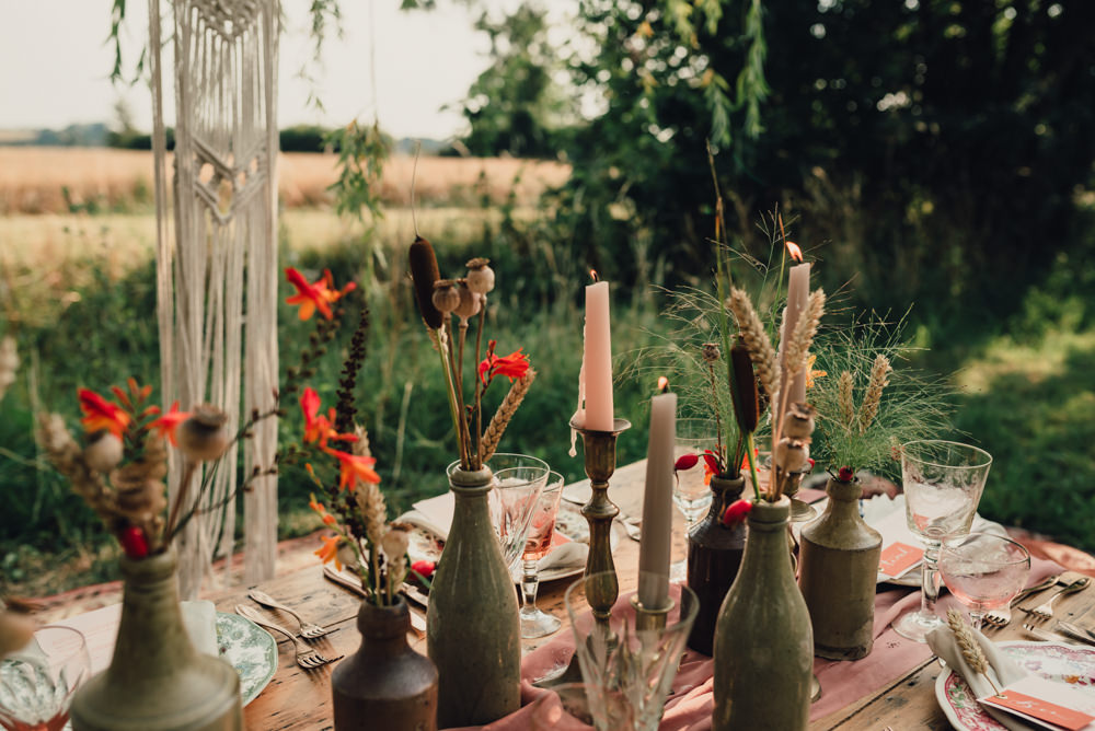 Table Tablescape Decor Macrame Backdrop Rug Outdoor Cushions Decor Flowers Bottles Boho Wedding Ideas Roshni Photography
