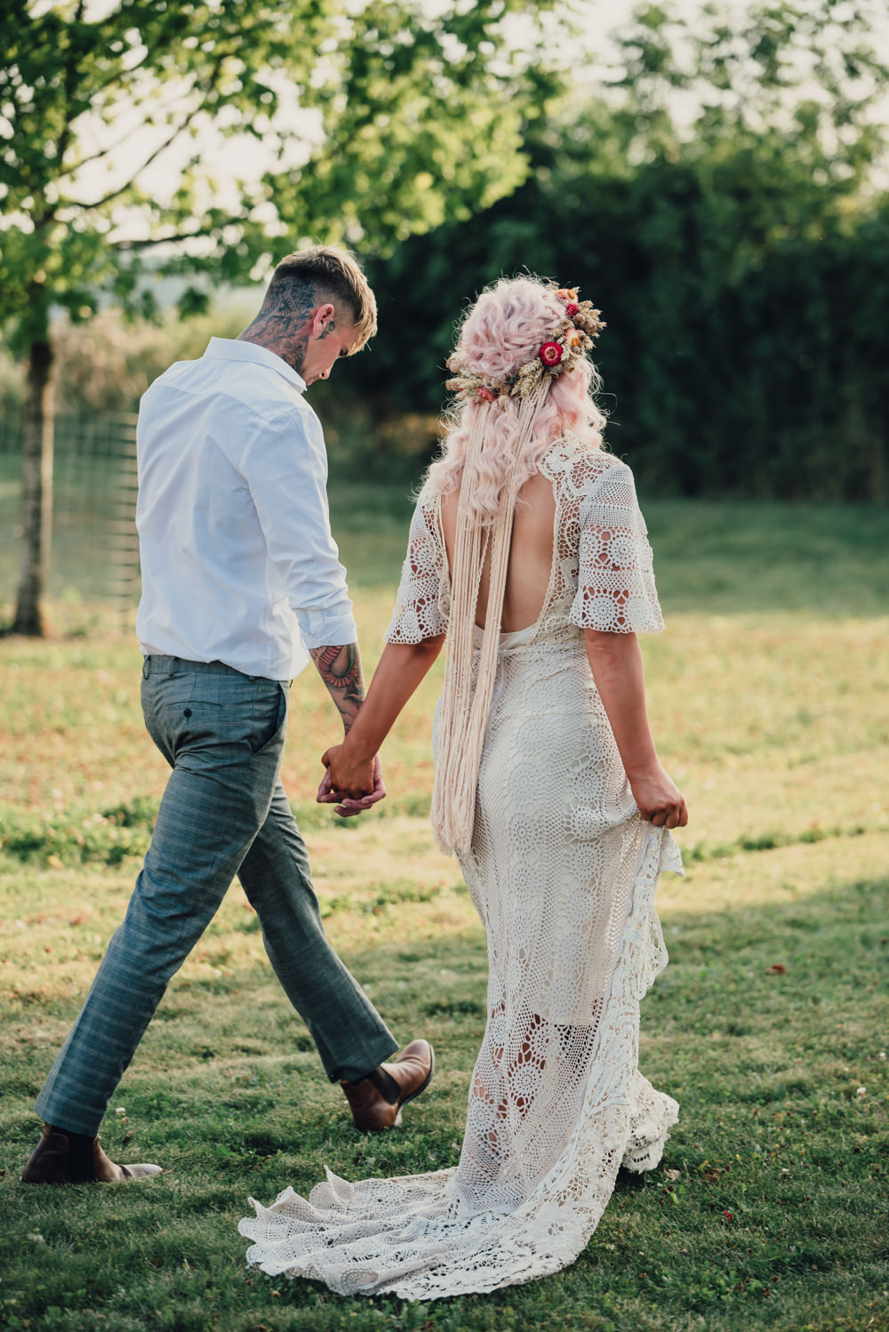 Dress Gown Bride Bridal Lace Tassel Fringe Train Open Back Boho Wedding Ideas Roshni Photography
