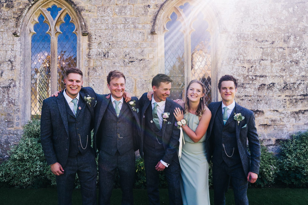 Groom Grey Tweed Suit Green Tie Buttonhole Flowers Groomsmen Castle View Wedding Sally T Photography