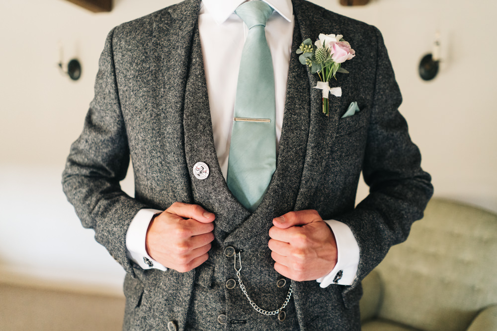 Groom Grey Tweed Suit Green Tie Buttonhole Flowers Castle View Wedding Sally T Photography