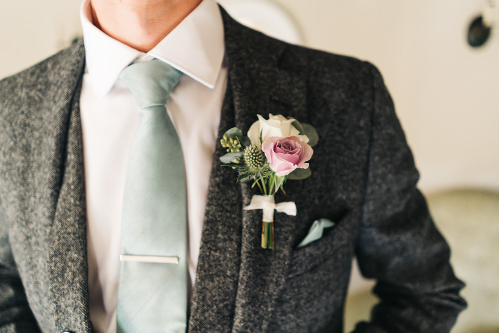 Groom Grey Tweed Suit Green Tie Buttonhole Flowers Castle View Wedding Sally T Photography