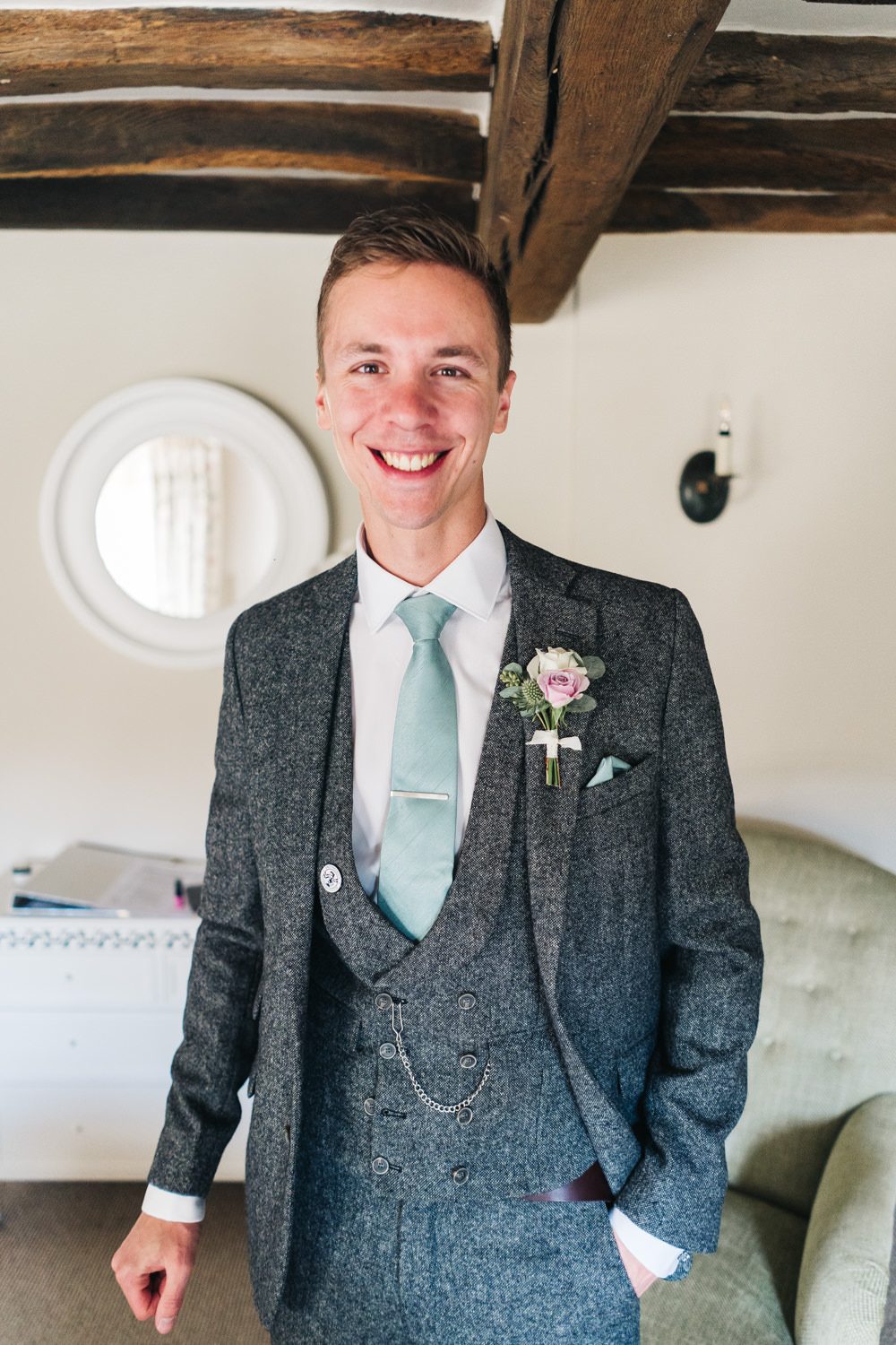 Groom Grey Tweed Suit Green Tie Buttonhole Flowers Castle View Wedding Sally T Photography