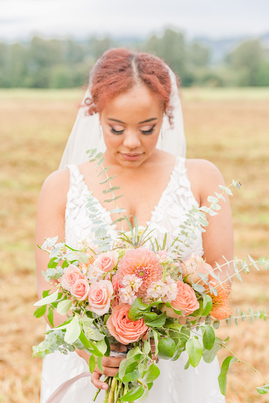 Bride Bridal Bouquet Flowers Orange Coral Rose Dahlia Citrus Wedding Ideas Pearls & Pines Photography