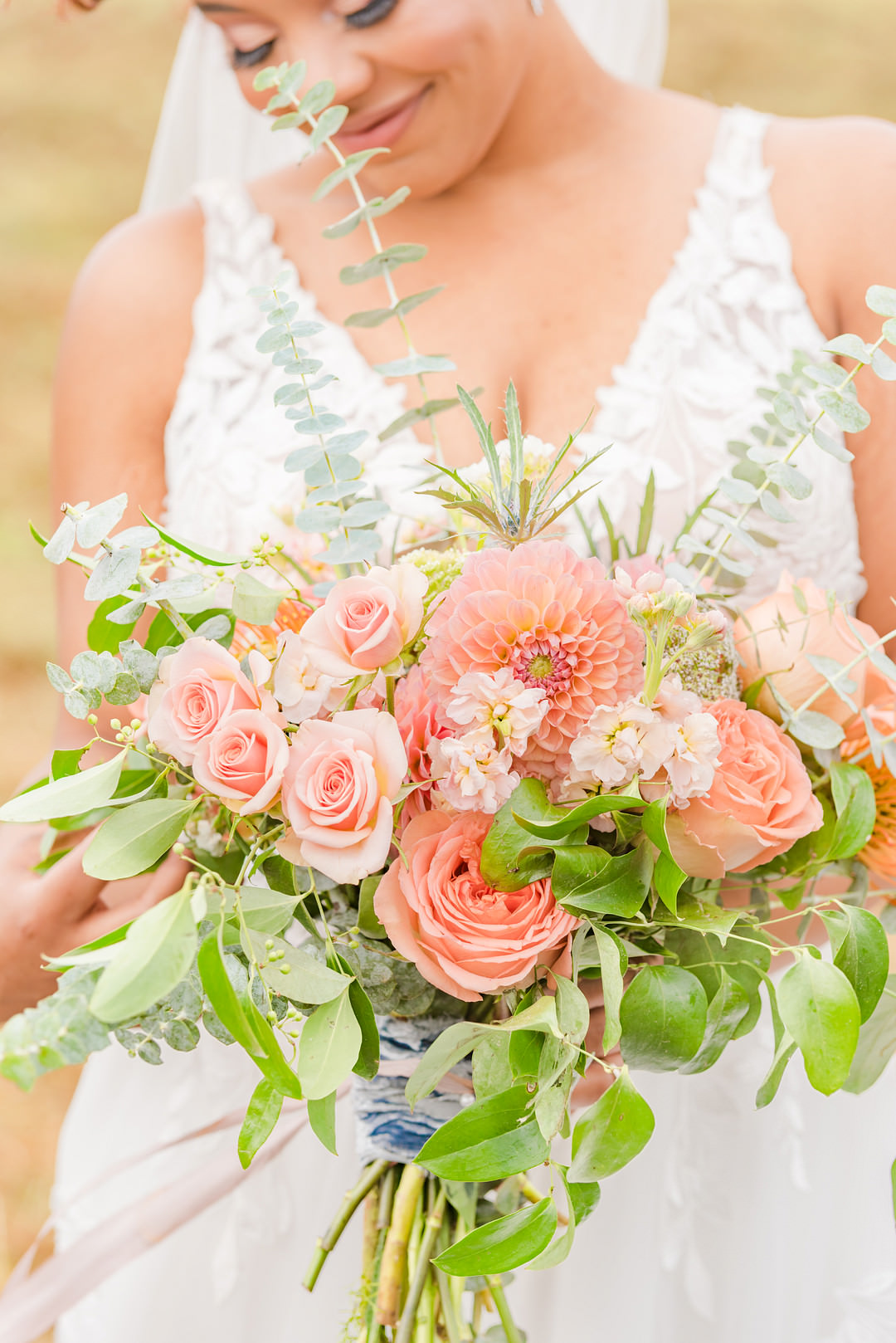 Bride Bridal Bouquet Flowers Orange Coral Rose Dahlia Citrus Wedding Ideas Pearls & Pines Photography