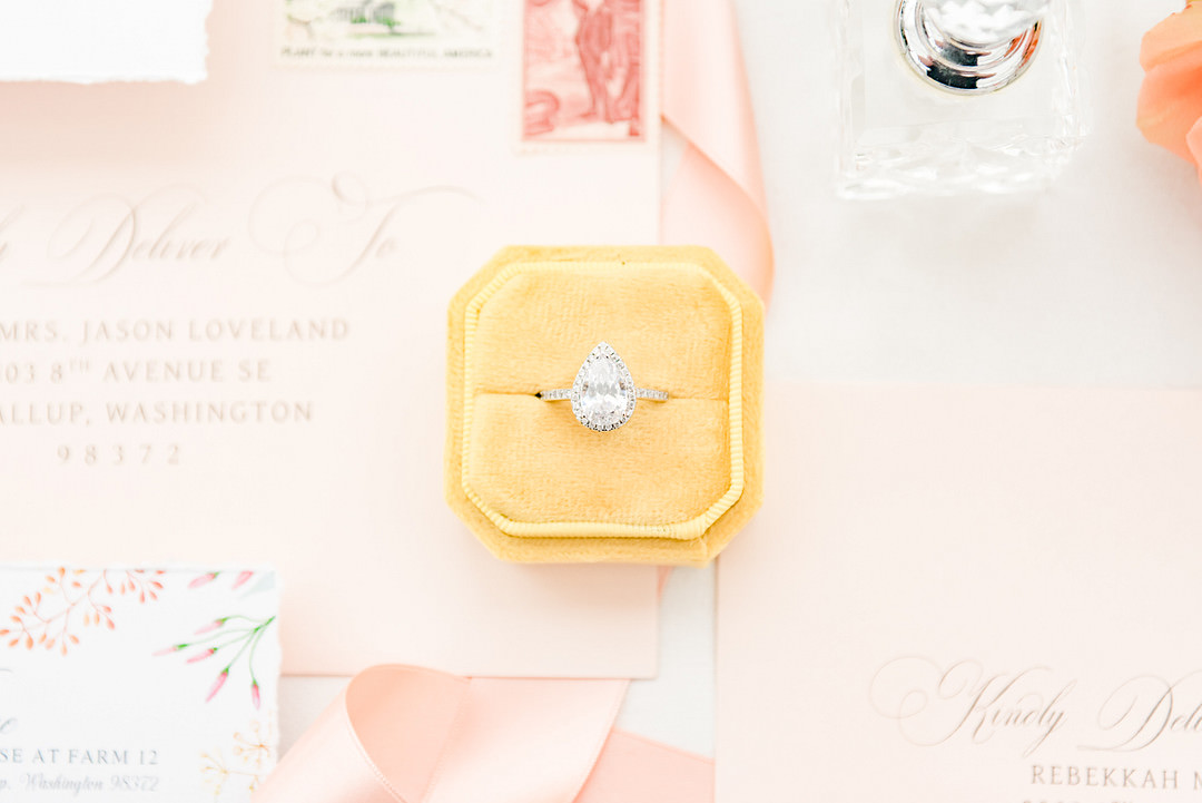 Engagement Ring Yellow Velvet Box Citrus Wedding Ideas Pearls & Pines Photography