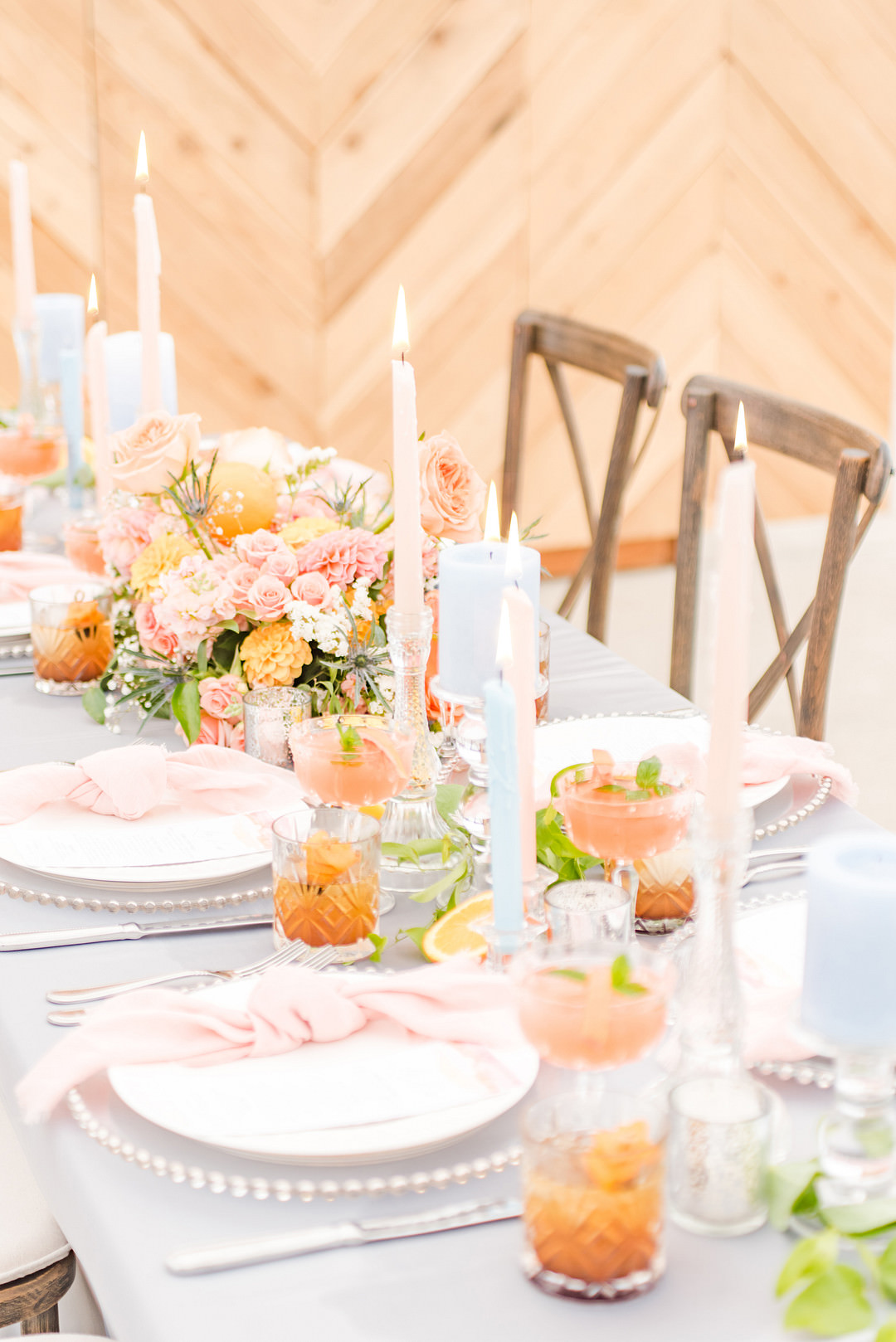 Table Tablescape Blue Coral Decor Candles Flowers Citrus Wedding Ideas Pearls & Pines Photography