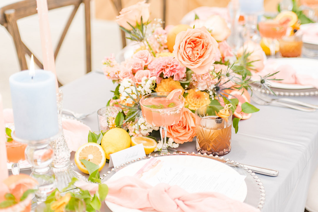 Table Tablescape Blue Coral Decor Candles Flowers Citrus Wedding Ideas Pearls & Pines Photography