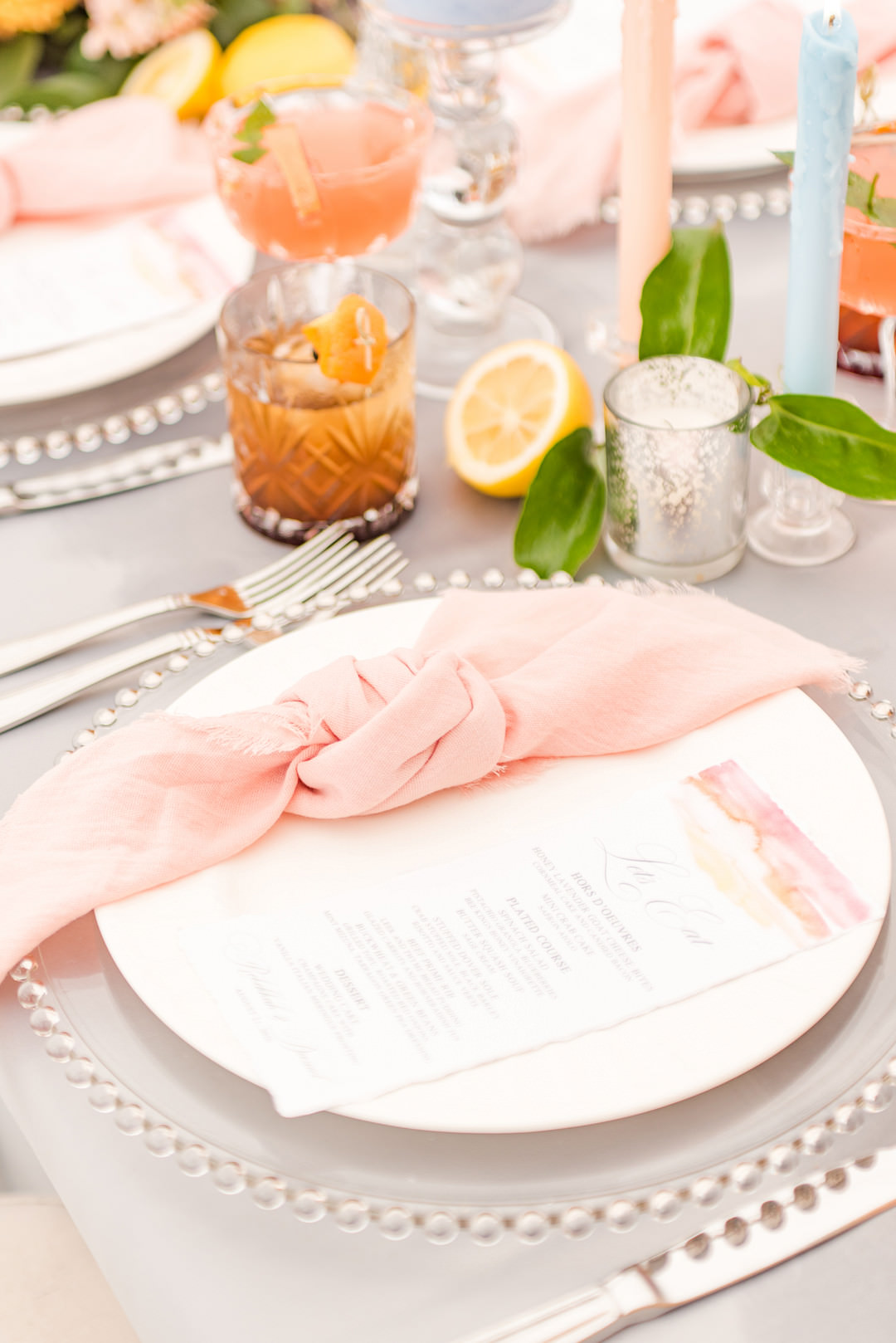 Place Setting Pink Napkin Knot Citrus Wedding Ideas Pearls & Pines Photography