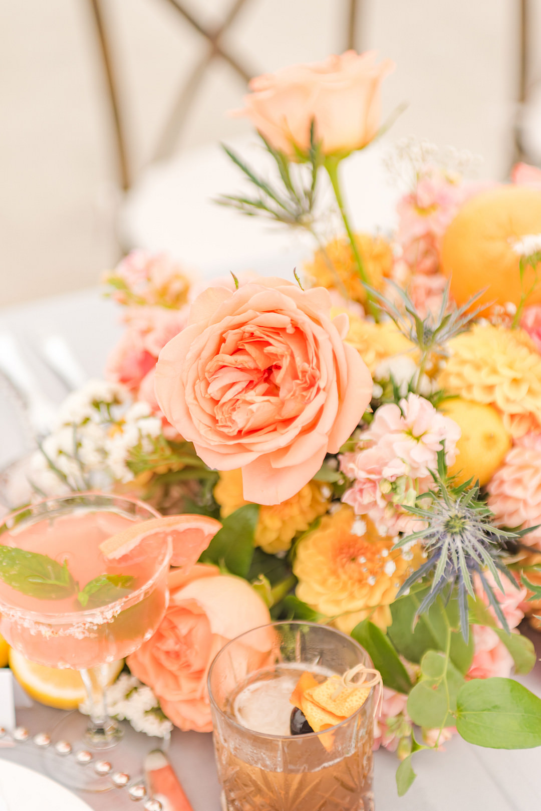 Table Centrepiece Flowers Orange Coral Rose Dahlia Citrus Wedding Ideas Pearls & Pines Photography