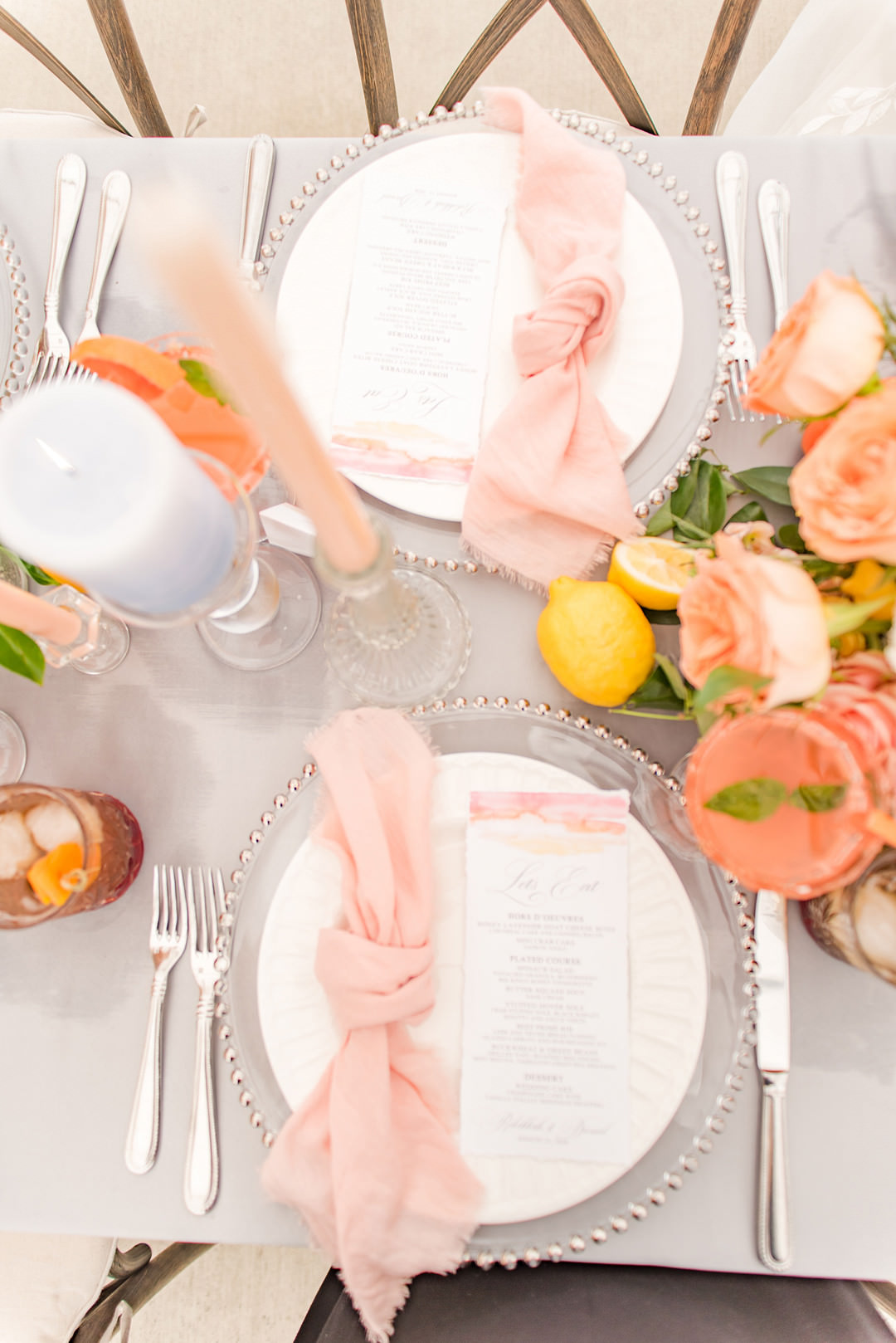 Table Tablescape Blue Coral Decor Candles Flowers Citrus Wedding Ideas Pearls & Pines Photography