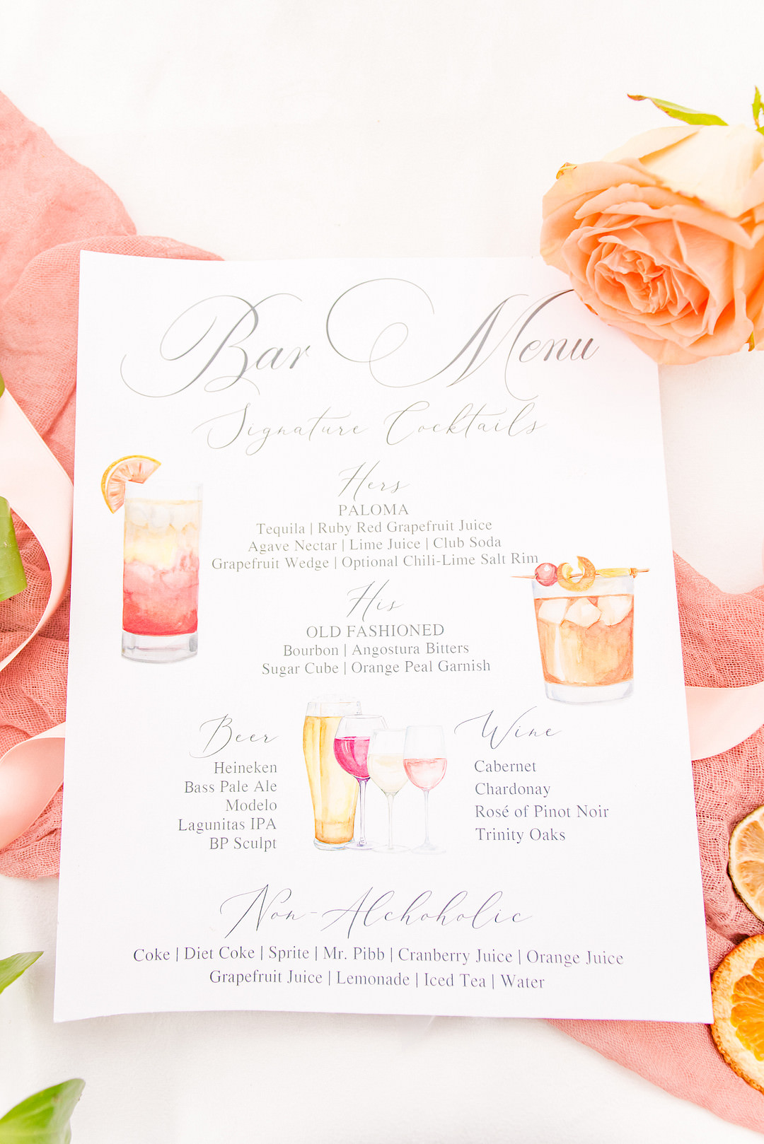 Menu Sign Stationery List Bar Drinks Citrus Wedding Ideas Pearls & Pines Photography