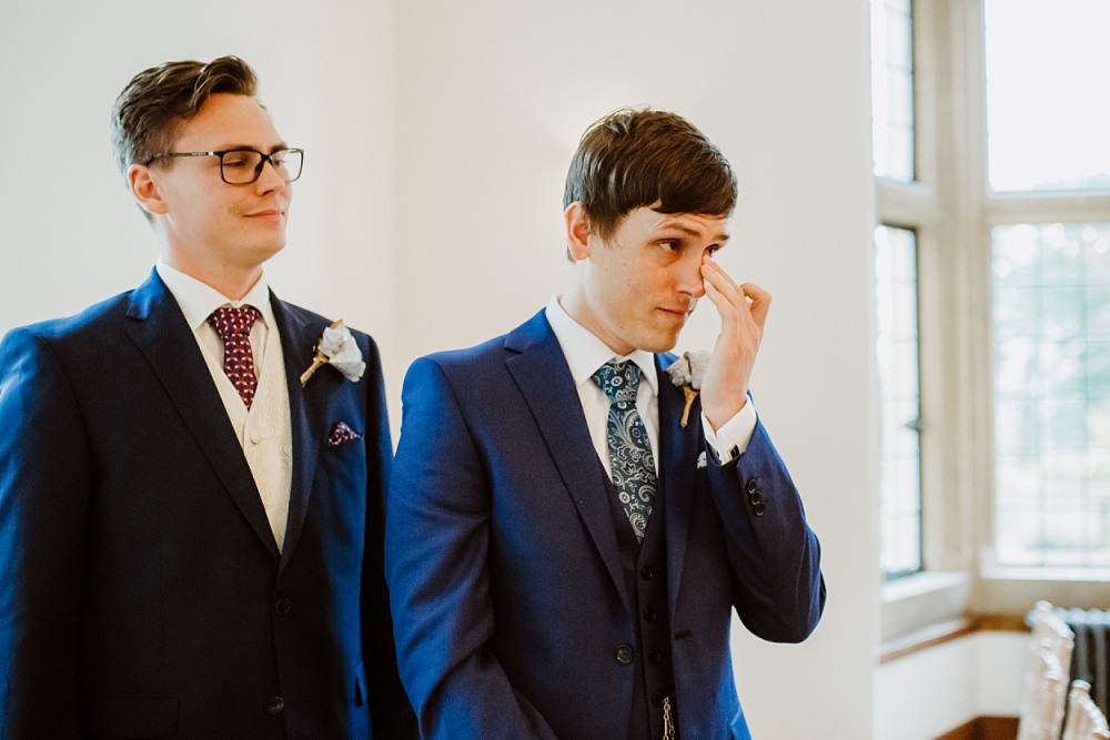 Groom Suit Navy Blue Tie Coombe Lodge Wedding Holly Collings Photography