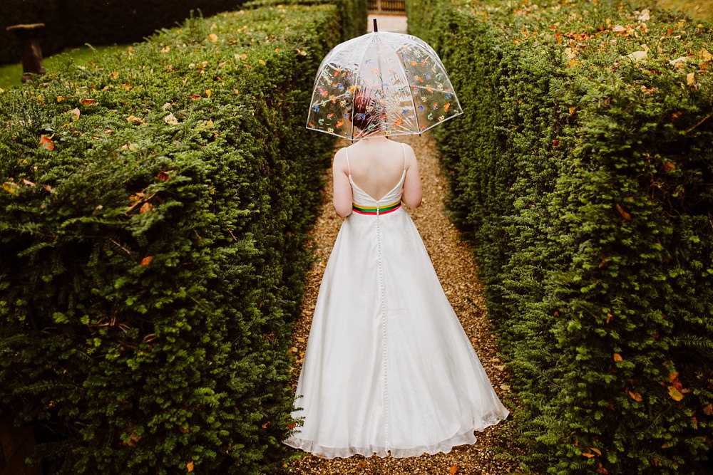 Dress Gown Bride Bridal Strapless Sweetheart Rainbow Sash Coombe Lodge Wedding Holly Collings Photography