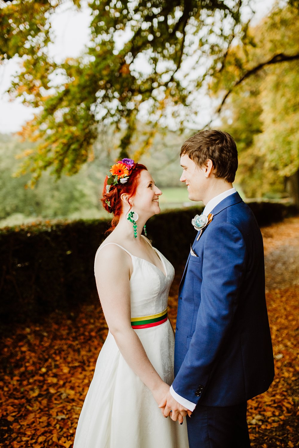 Dress Gown Bride Bridal Strapless Sweetheart Rainbow Sash Coombe Lodge Wedding Holly Collings Photography