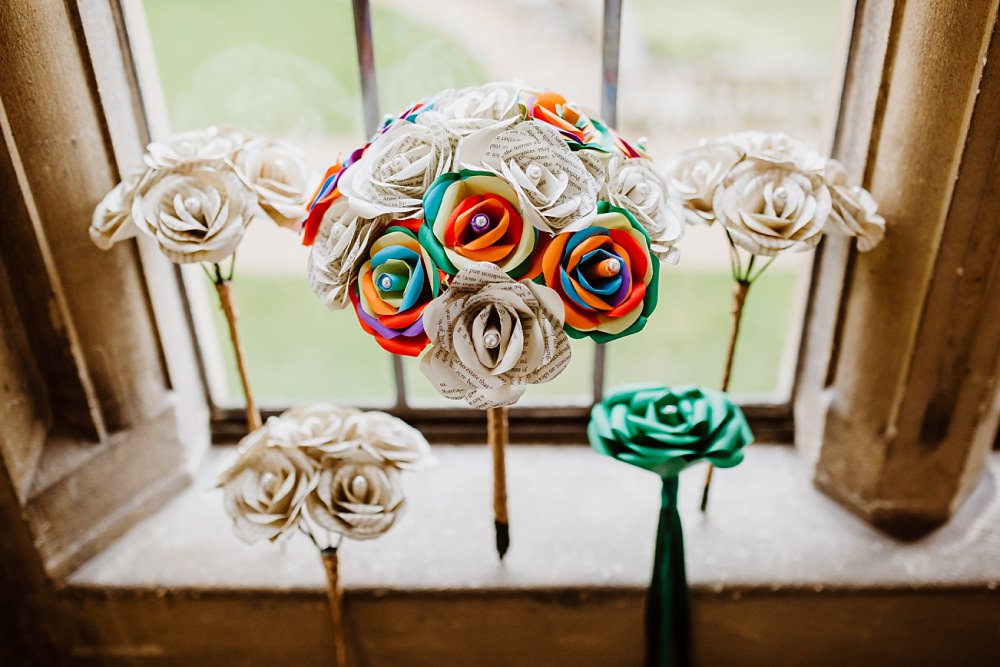 Paper Flower Rainbow Bouquet Bride Bridal Flowers Coombe Lodge Wedding Holly Collings Photography