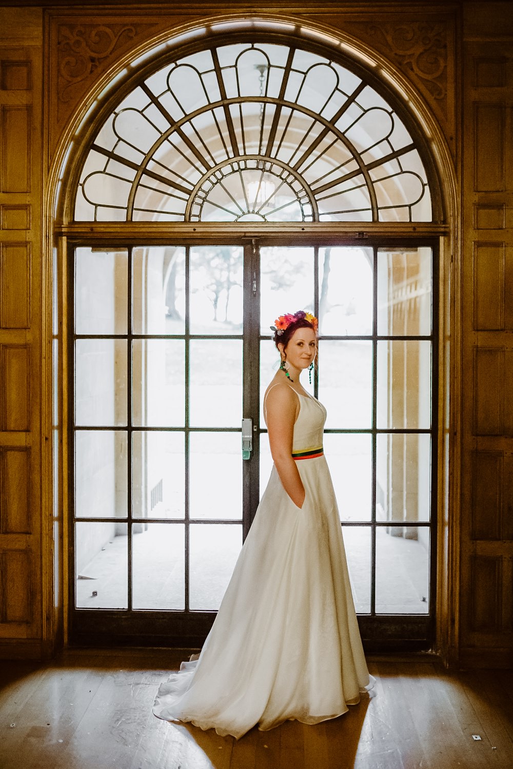 Dress Gown Bride Bridal Strapless Sweetheart Rainbow Sash Coombe Lodge Wedding Holly Collings Photography
