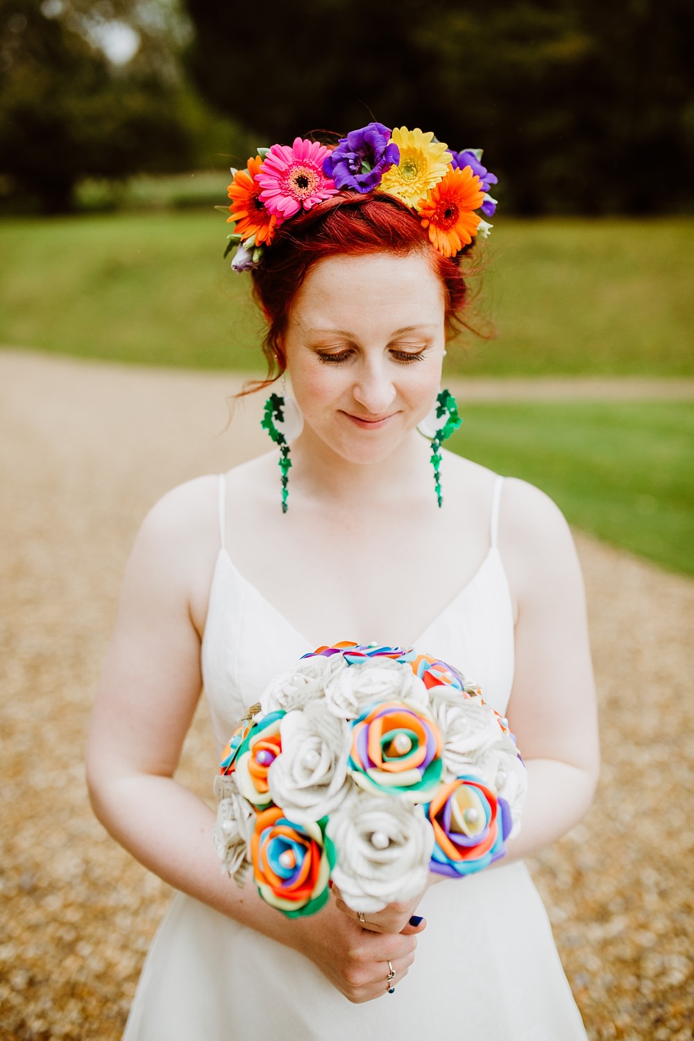 Paper Flower Rainbow Bouquet Bride Bridal Flowers Coombe Lodge Wedding Holly Collings Photography