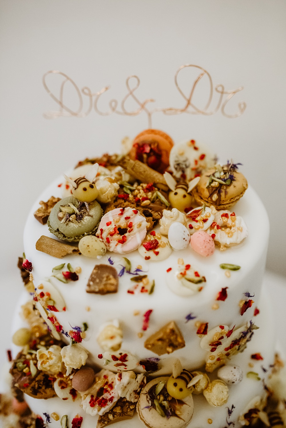 Cake Bees Macaron Biscuit Mini Eggs Petals Wire Topper Coombe Lodge Wedding Holly Collings Photography