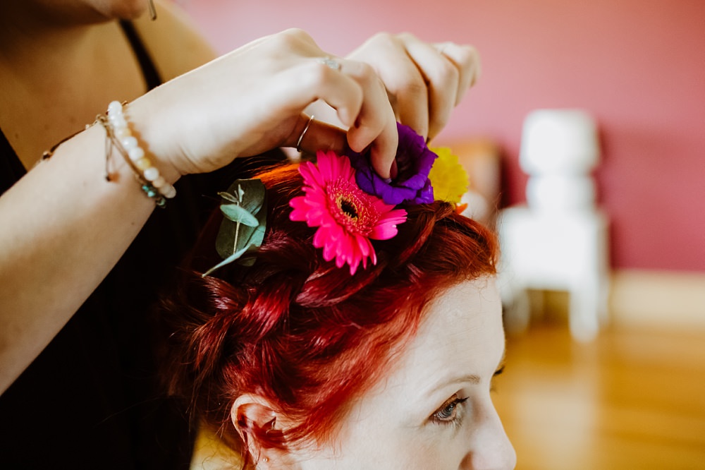 Bride Bridal Red Hair Halo Plait Braid Flower Crown Coombe Lodge Wedding Holly Collings Photography