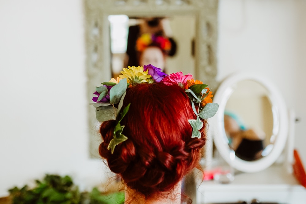 Bride Bridal Red Hair Halo Plait Braid Flower Crown Coombe Lodge Wedding Holly Collings Photography