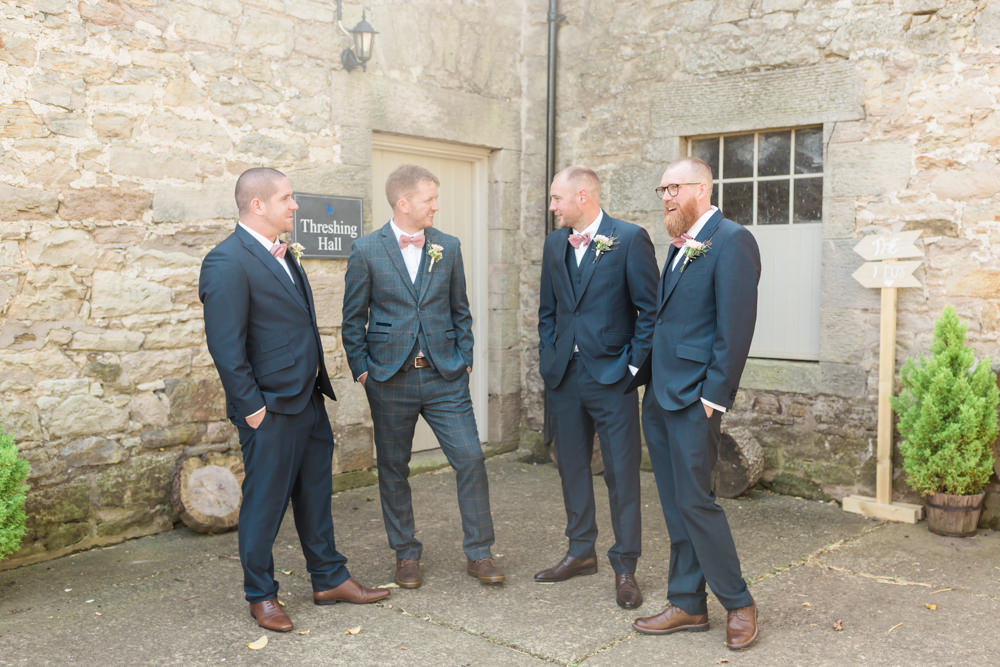 Groom Groomsmen Suit Pink Bow Tie Doxford Barns Wedding Lara Frost Photography
