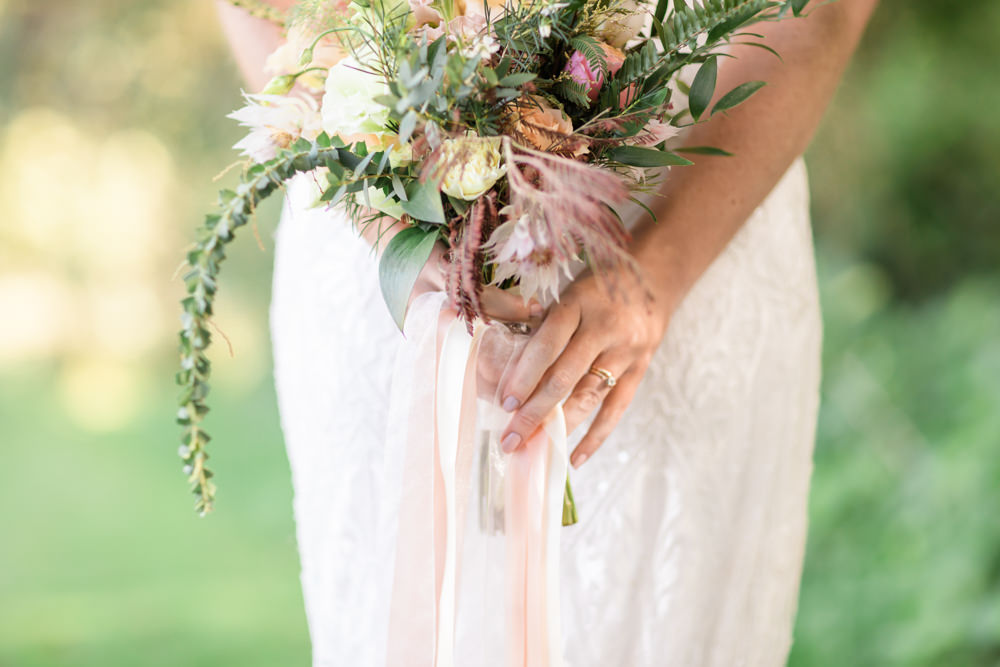 Bouquet Flowers Bride Bridal Blush Ribbon Rose Greenery Doxford Barns Wedding Lara Frost Photography