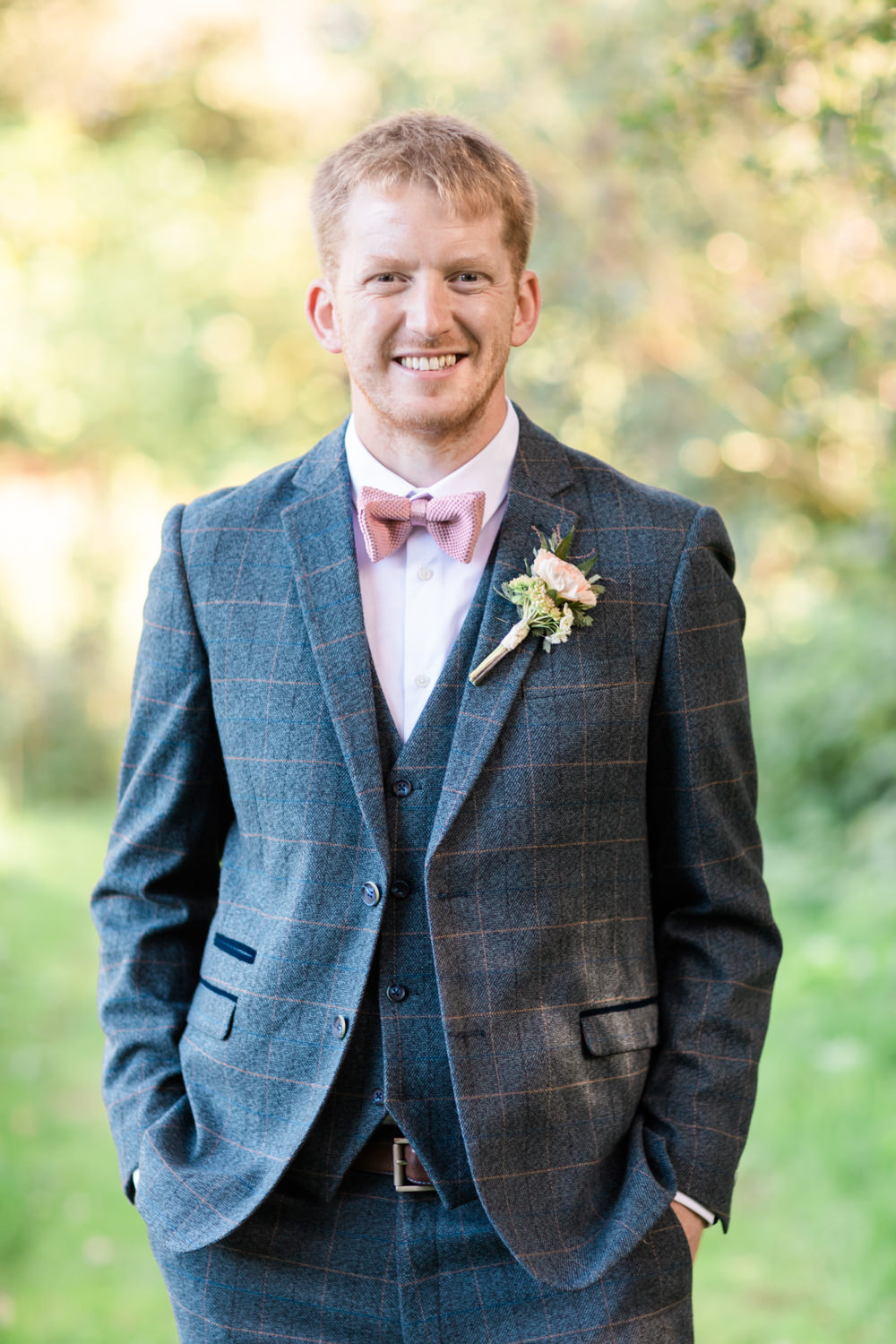 Groom Groomsmen Suit Pink Bow Tie Doxford Barns Wedding Lara Frost Photography