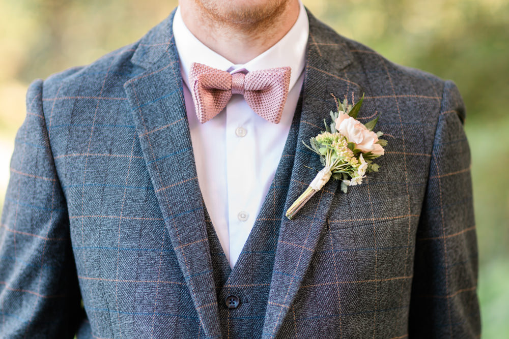 Groom Groomsmen Suit Pink Bow Tie Buttonhole Doxford Barns Wedding Lara Frost Photography