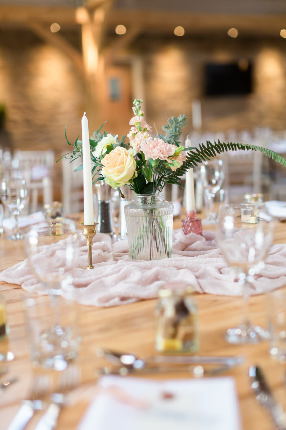 Centrepiece Flowers Silk Flowers Bottle Candle Stick Blush Pink Doxford Barns Wedding Lara Frost Photography