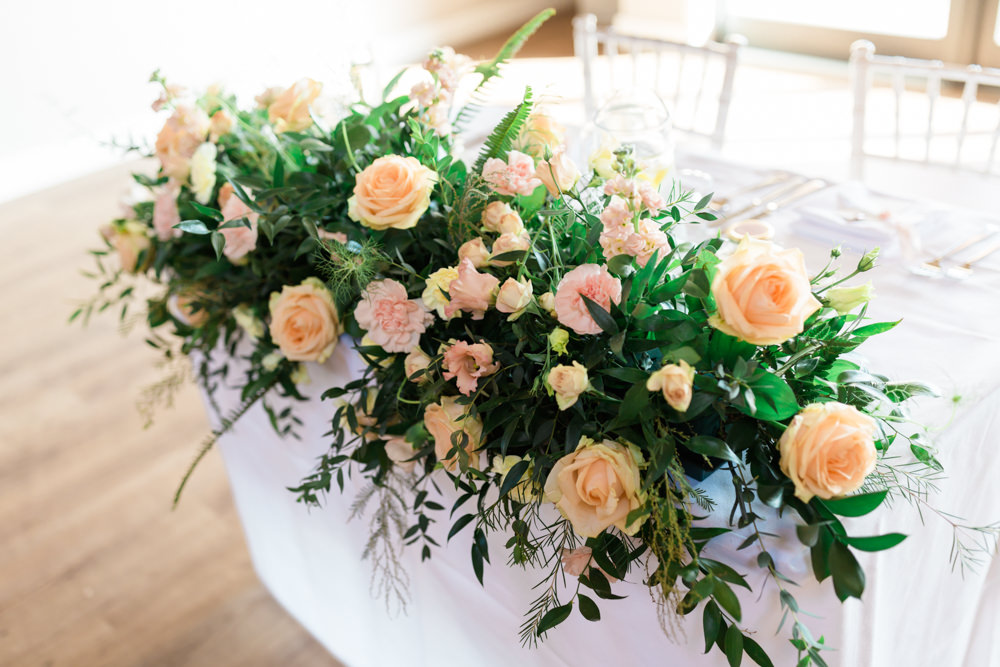 Top Table Flowers Greenery Blush Doxford Barns Wedding Lara Frost Photography